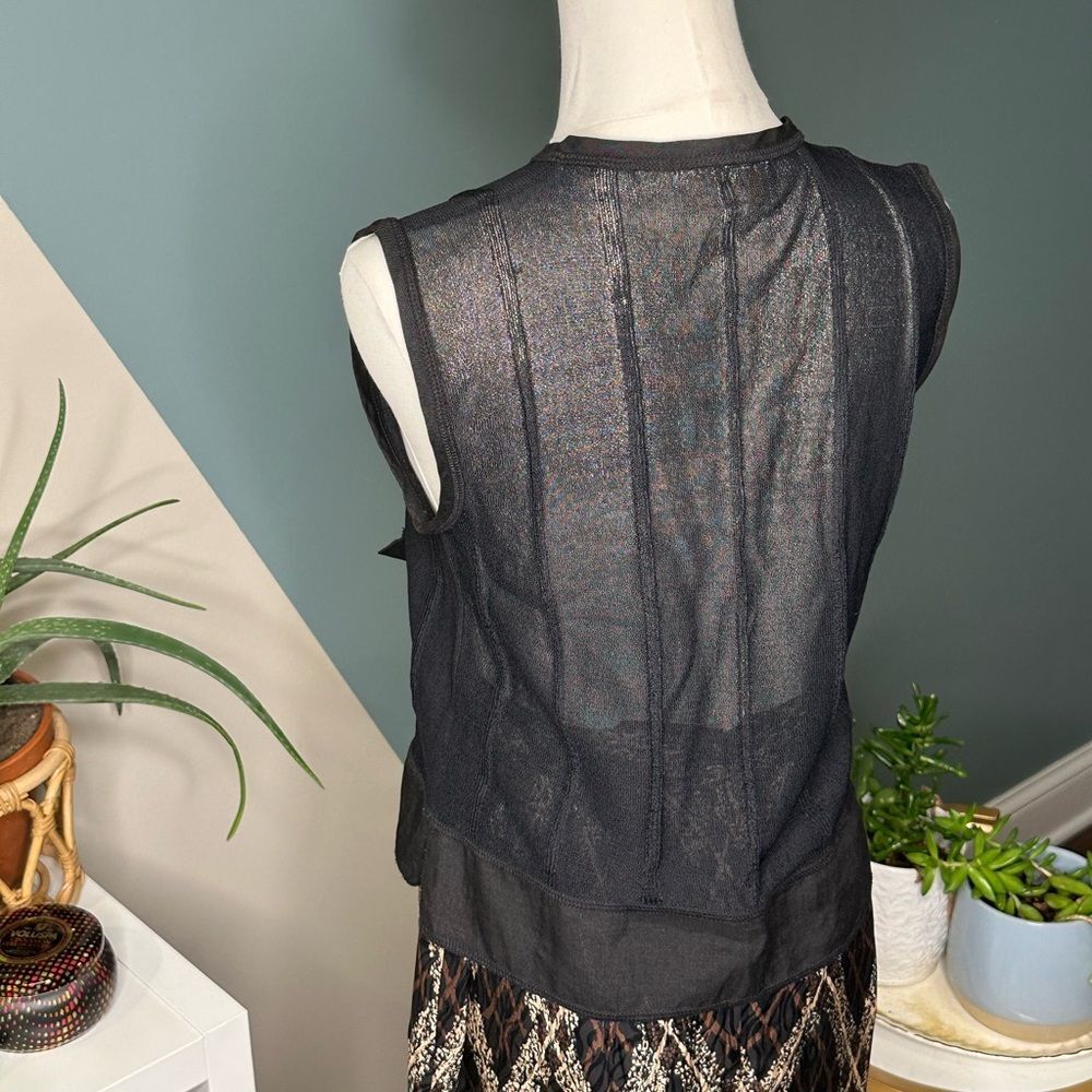 Black Sheer Utility Vest Layering Piece Linen Zip-Up Sleeveless Top Size Small - Picture 6 of 12